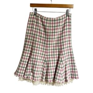 Margaret O'Leary Skirt Fit Flare Ruffle XS Pink Wool Tweed Coquette Herringbone